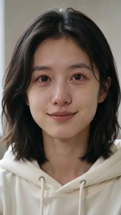 AI Crying Video example: a close-up of a dark-haired woman in a cream hoodie with teary eyes and a small smile