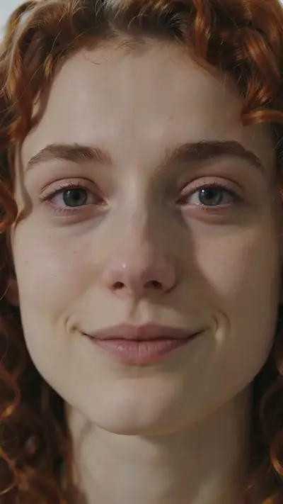 AI Crying Video example: a close-up of a woman with red curls with teary eyes and a small smile
