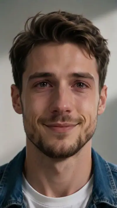 AI Crying Video example: a close-up of a bearded man in a denim jacket with teary eyes and a small smile
