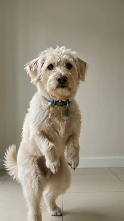 AI Dog Dance example: a shaggy cream dog with a blue collar stands on its hind legs in a bright room