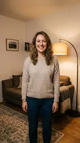 The photo used for this example: a smiling woman in a beige sweater and jeans stands in a living room