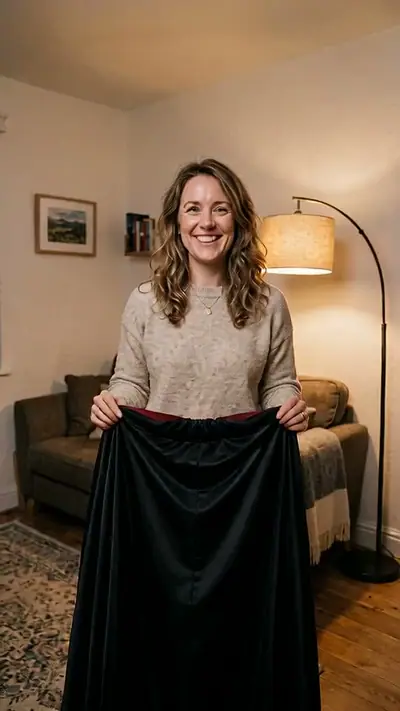 AI Halloween Costume example: a woman in a beige sweater holds up a black cape in a cosy living room