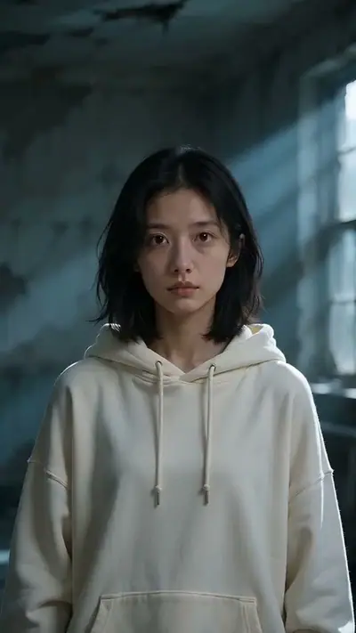 AI Zombie example: a dark-haired woman in a cream hoodie stands in a dim room with cold light from a window