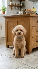 The photo used for this example: a curly apricot poodle sits by a wooden kitchen island