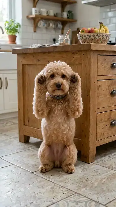 Bad Times AI example: a curly apricot poodle stands on its hind legs and covers its ears in a kitchen