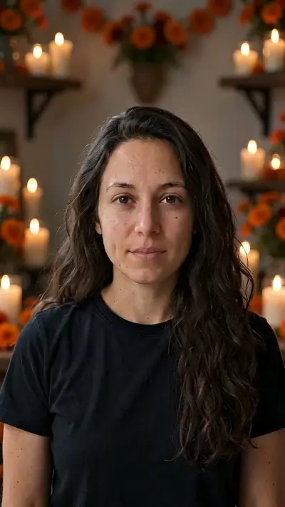 Catrina Makeup AI example: a woman with long dark hair in a black T-shirt sits among candles and orange marigolds