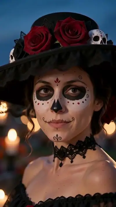 Catrina Makeup AI example: a woman in Catrina face paint, a lace gown and a rose hat walks a candlelit cemetery path at night