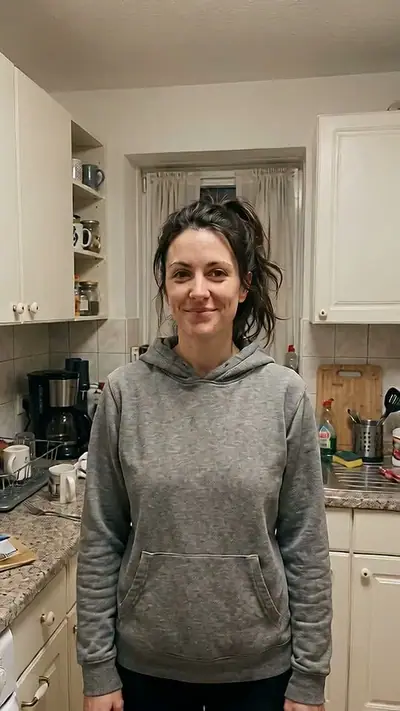 Cinematic Makeover AI example: a smiling woman with a messy dark ponytail in a grey hoodie stands in a cluttered kitchen