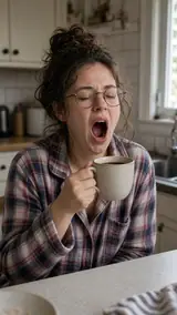 The photo used for this example: a yawning woman in glasses and plaid pyjamas holds a coffee mug at a kitchen counter