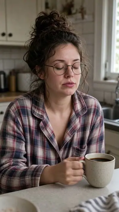 Cinematic Makeover AI example: a woman with glasses and a messy bun in plaid pyjamas holds a coffee mug in a kitchen