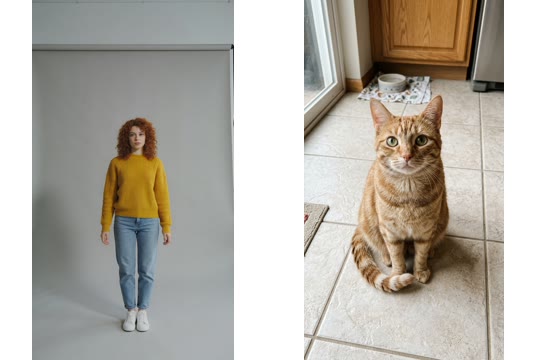 The photo used for this example: a woman in a yellow sweater in a studio, and a ginger cat on a tiled floor