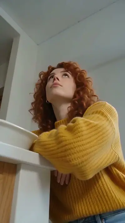 Clapping Cat AI example: a woman with red curls in a yellow sweater leans on a kitchen counter and looks up