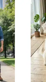 The photo used for this example: a man in a denim jacket in a park, and a shaggy cream dog in a living room