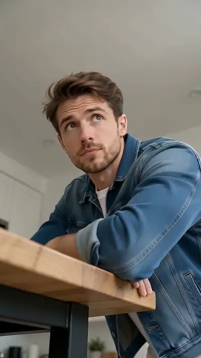 Clapping Cat AI example: a man in a denim jacket leans on a wooden kitchen counter, seen from the floor