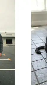 The photo used for this example: a man in a grey hoodie in a parking lot, and a black cat on a tiled floor