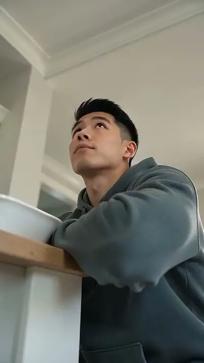 Clapping Cat AI example: a man in a grey hoodie leans on a kitchen counter and looks up, seen from the floor