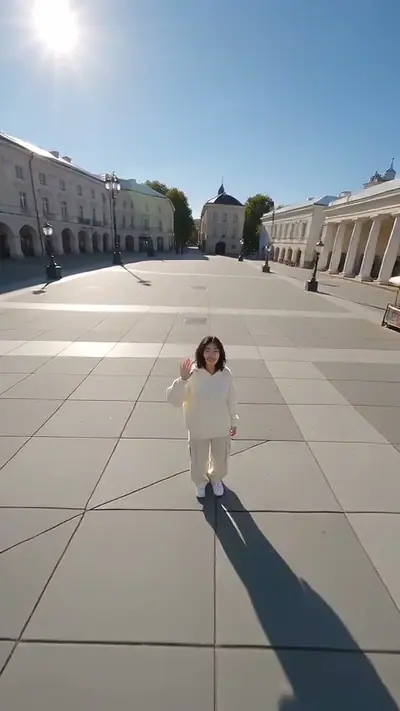 Earth Zoom Out AI example: a woman in a cream hoodie waves from a sunny city square, seen from above