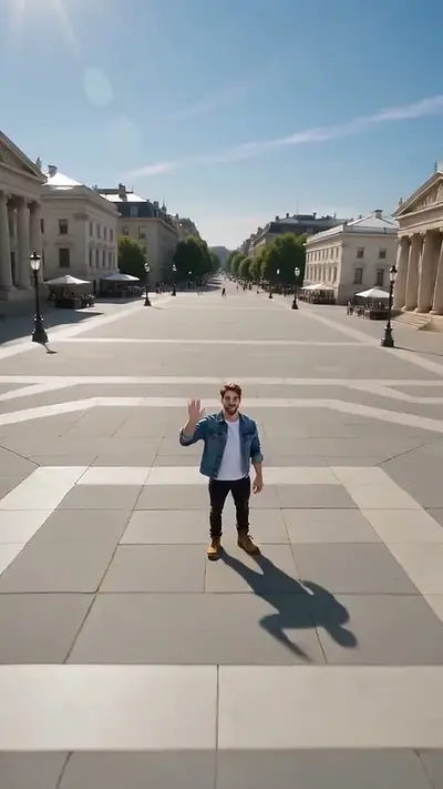 Earth Zoom Out AI example: a man in a denim jacket waves from a sunny city square, seen from above