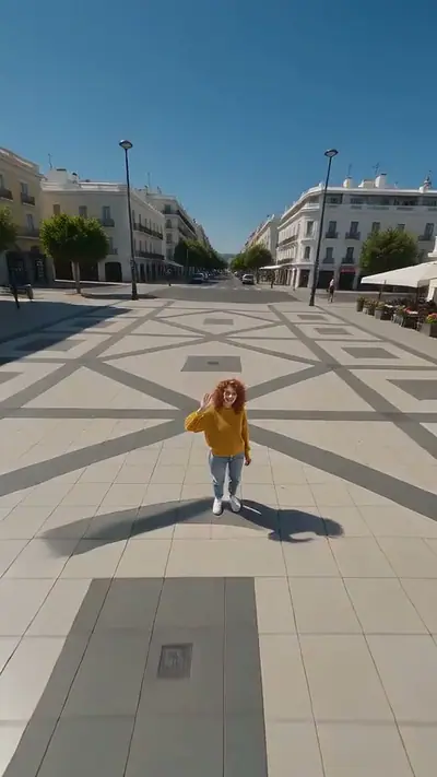Earth Zoom Out AI example: a woman with red curls in a yellow sweater waves from a sunny city square, seen from above