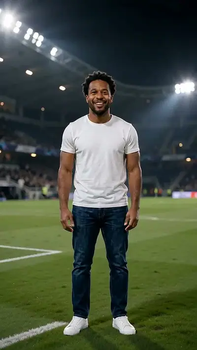 Enzo Celebration AI example: a man in a white T-shirt cups his hands behind his ears on a floodlit football pitch