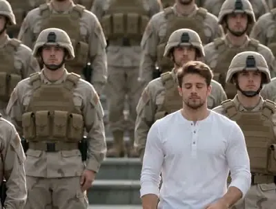 Genjutsu AI example: a man in a white shirt stands still among rows of identical uniformed figures