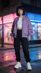 The photo used for this example: a woman in a lilac bomber jacket stands on a wet, neon-lit street