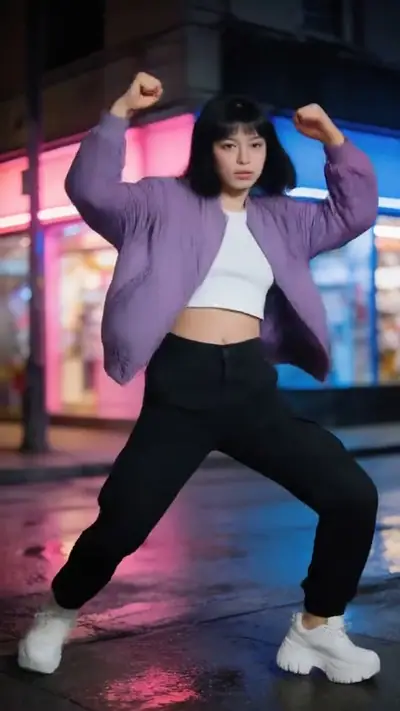 Genjutsu AI example: a woman in a lilac bomber jacket dances on a wet, neon-lit street