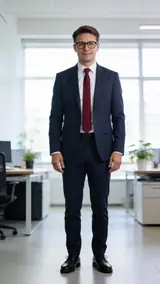 The photo used for this example: a man in a navy suit, red tie and glasses stands in a bright office