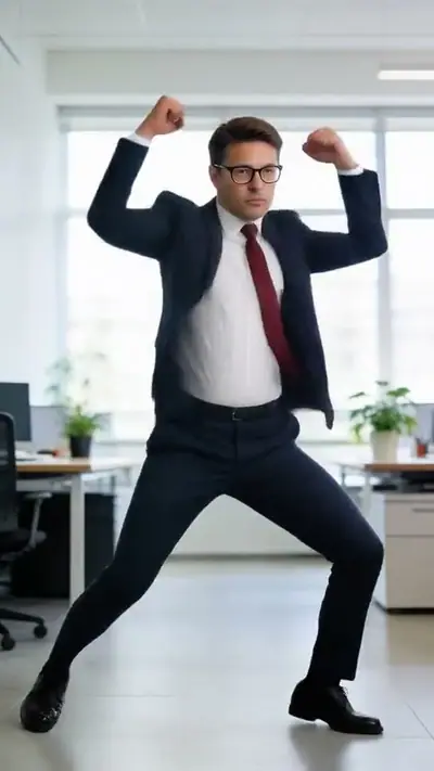 Make Picture Dance example: a man in a navy suit and red tie dances in a bright office