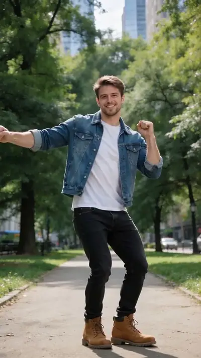 Genjutsu AI example: a man in a denim jacket and black jeans dances on a park path