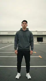 The photo used for this example: a man in a grey hoodie and black joggers stands in an empty parking lot