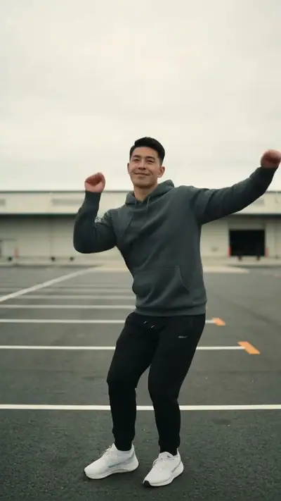 Make Picture Dance example: a man in a grey hoodie dances in an empty parking lot