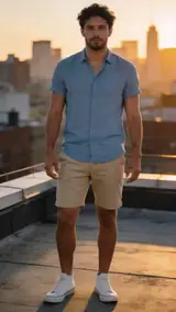 The photo used for this example: a man in a blue shirt and shorts stands on a rooftop at sunset