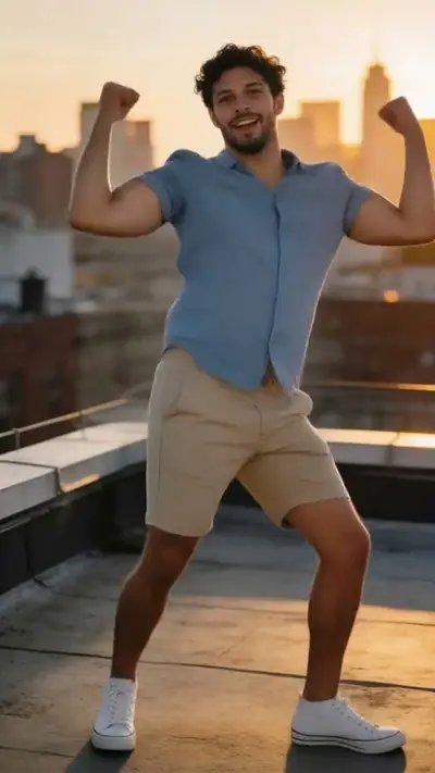 Make Picture Dance example: a man in a blue shirt and shorts dances on a rooftop at sunset