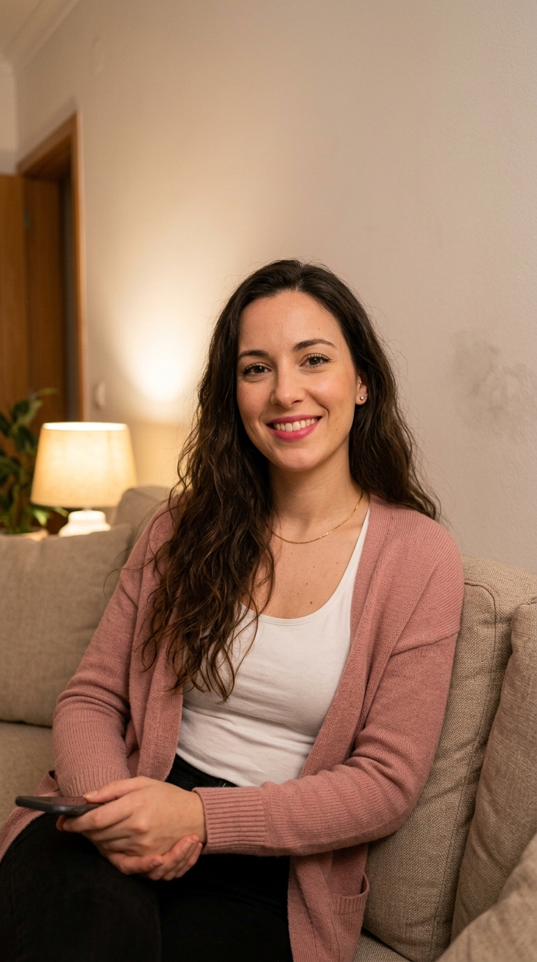 The photo used for this example: a smiling woman in a pink cardigan sits on a sofa
