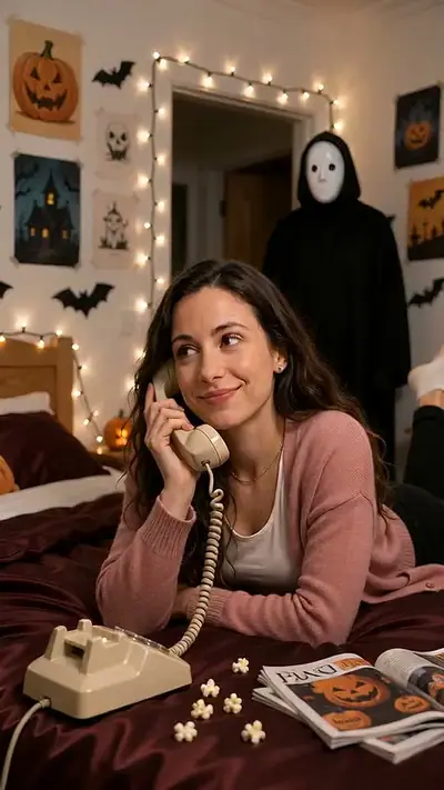 Ghost Mask AI example: a woman on a corded phone lies on a red bed while a figure in a white mask stands in the doorway