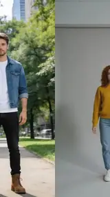 A foto usada neste exemplo: homem de jaqueta jeans em um parque e mulher de suéter amarelo em um estúdio