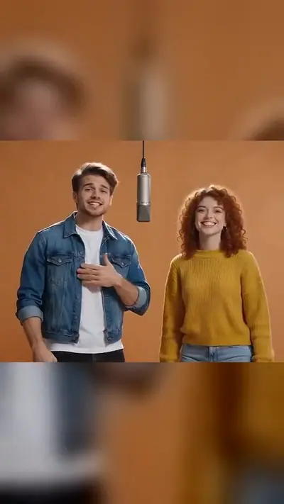 Exemplo de Hotel Lobby IA: enquadramento vertical: homem de jaqueta jeans e mulher de suéter amarelo no microfone
