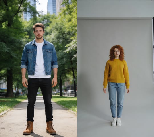 The photo used for this example: a man in a denim jacket in a park, and a woman in a yellow sweater in a studio