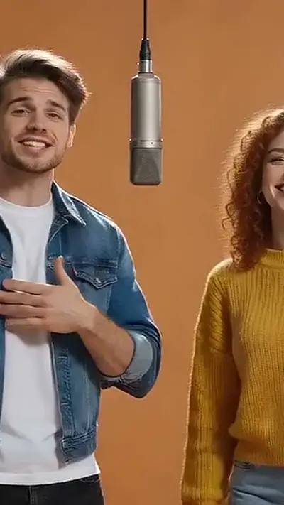 Hotel Lobby AI example: a man in a denim jacket and a woman in a yellow sweater smile at a studio microphone
