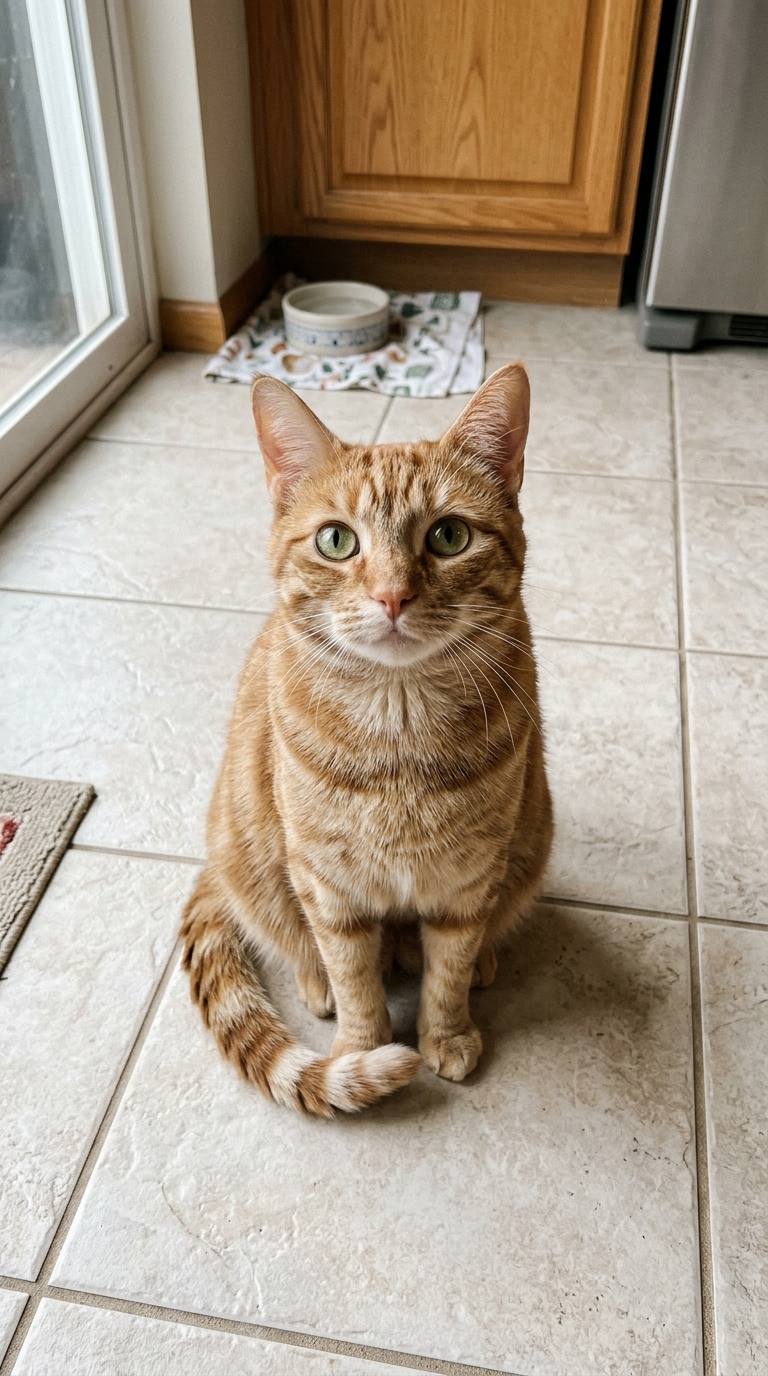 The photo used for this example: a ginger tabby cat sits on a tiled kitchen floor