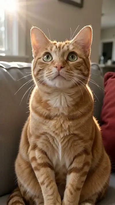 Imma Bite You AI example: a ginger tabby cat sits on a grey sofa in warm sunlight and looks up
