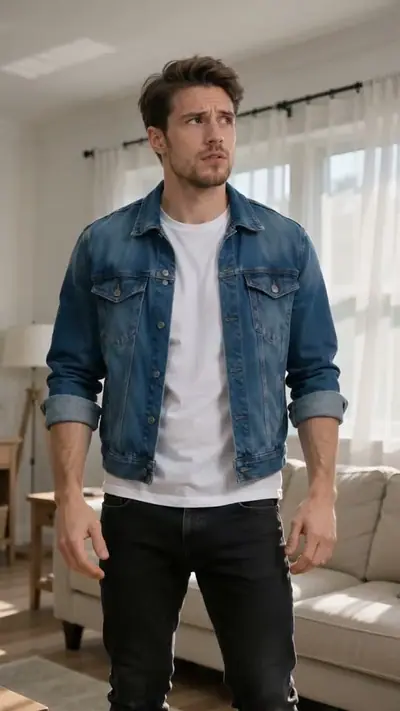 Jawn Dance AI example: a man in a denim jacket looks puzzled in a bright living room