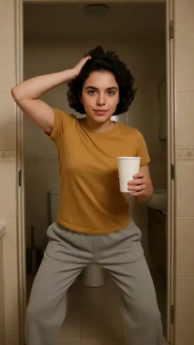 Jawn Dance AI example: a woman with short black curls in a mustard T-shirt dances in a bathroom doorway with a paper cup