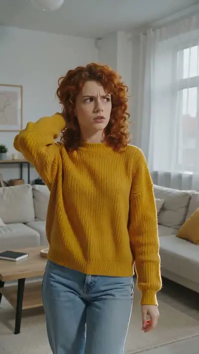 Jawn Dance AI example: a woman with red curls in a yellow sweater rubs her neck in a bright living room