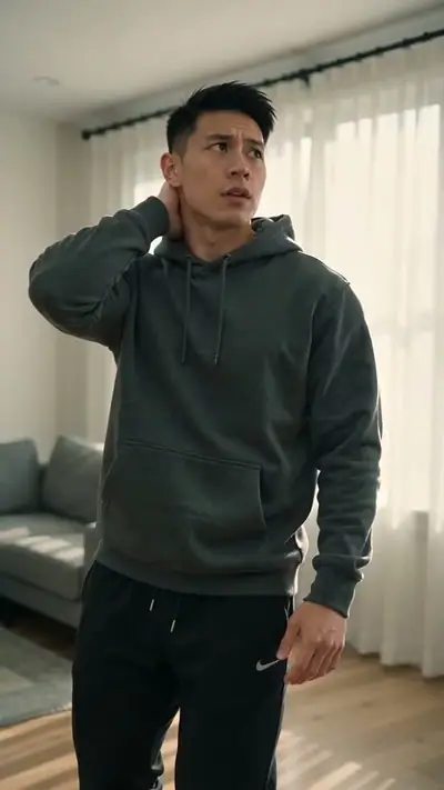 Jawn Dance AI example: a man in a grey hoodie holds the back of his neck in a bright living room