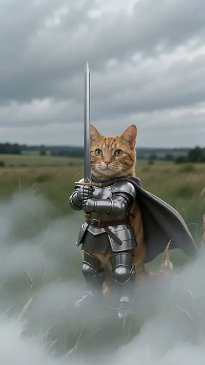 Knight Cat AI example: a ginger cat in silver knight armour and a grey cape holds a sword in a misty field