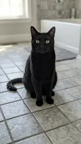 The photo used for this example: a black cat sits on a tiled bathroom floor