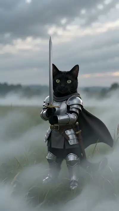 Knight Cat AI example: a black cat in silver knight armour and a grey cape holds a sword in a misty field