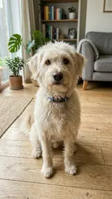 The photo used for this example: a shaggy cream dog with a blue collar sits in a living room
